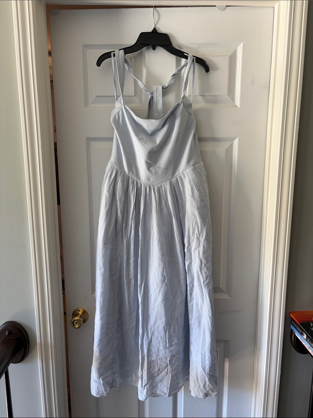 aerie Light Blue Barre Halter Maxi Dress with Tie-Back Straps